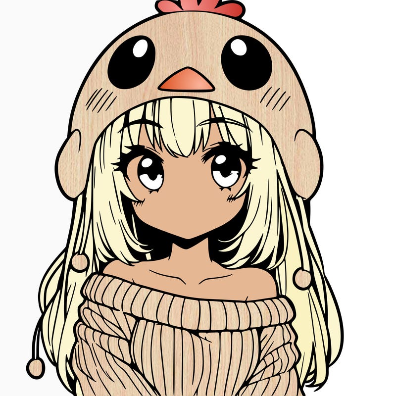 anime girl with chick shaped hat with sweater with bare shoulders with bangs covering them one eye with low tail
