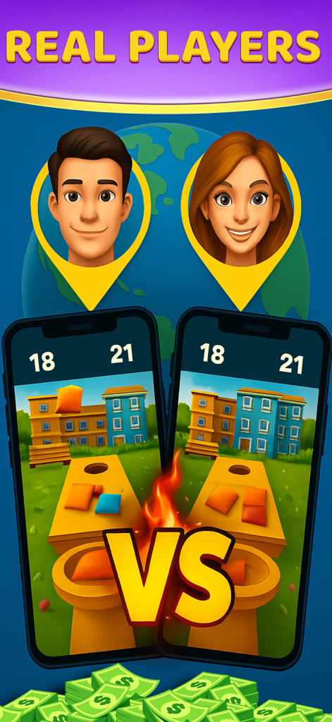 Multiplayer mode in Cornhole Cash Skill Online showing two players competing for cash prizes.