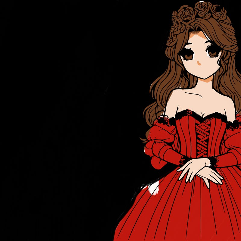 a beautiful girl with long hair and wearing a ball gown with gloves and roses in her hair