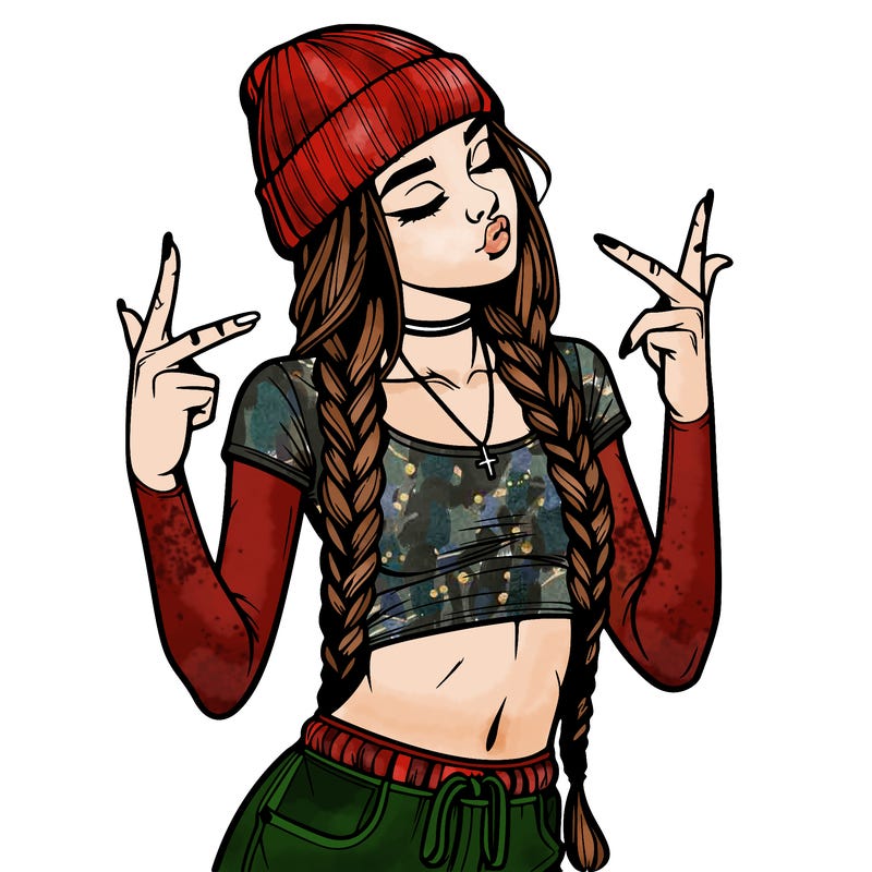 realistic teenage girl with braids and a beanie and crop top doing 🫶🏼