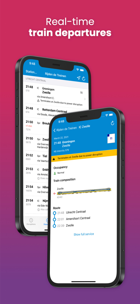 Due smartphone che mostrano partenze di treni olandesi in tempo reale, affollamento e avvisi di interruzione del servizio in inglese