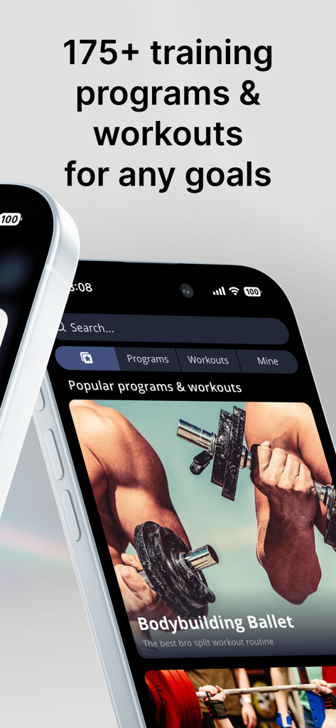 StrengthLog – Workout Tracker - Interfaccia dell'app StrengthLog che mostra un elenco di oltre 175 programmi di allenamento e allenamenti di bodybuilding.