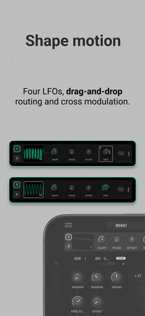 GRFX - Granular Effects - LFO control panels in GRFX for drag and drop sound modulation.
