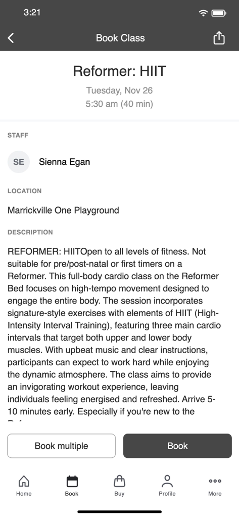 Booking screen for a Reformer HIIT class in the One Playground Australia app