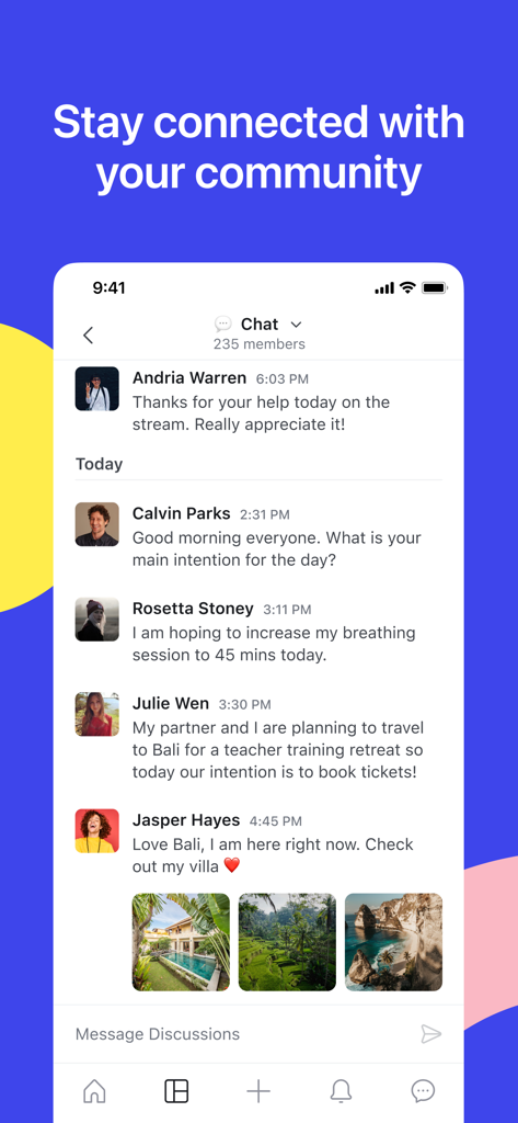 Circle Communities - Circle Communities app showing a group chat interface with member messages and shared photos.