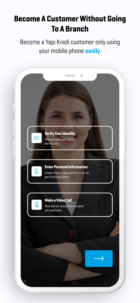 Yapı Kredi Mobile - Ein Bildschirm, der die Schritte zur Online-Kundenwerdung bei Yapı Kredi zeigt, einschließlich Identitätsprüfung und Videoanruf