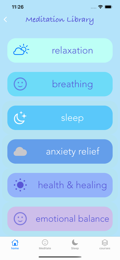 Meditation Oasis: Simply Being - Meditation library screen showing categories for relaxation breathing sleep anxiety relief and emotional balance