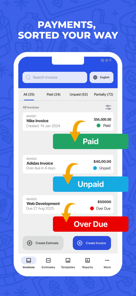 Invoice Maker & Estimates - 결제, 미결제, 연체된 지급에 대한 범주별 송장 상태를 보여주는 모바일 앱 인터페이스