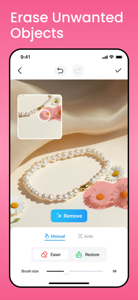 AI photo editor interface erasing unwanted flowers from a pearl necklace product photo