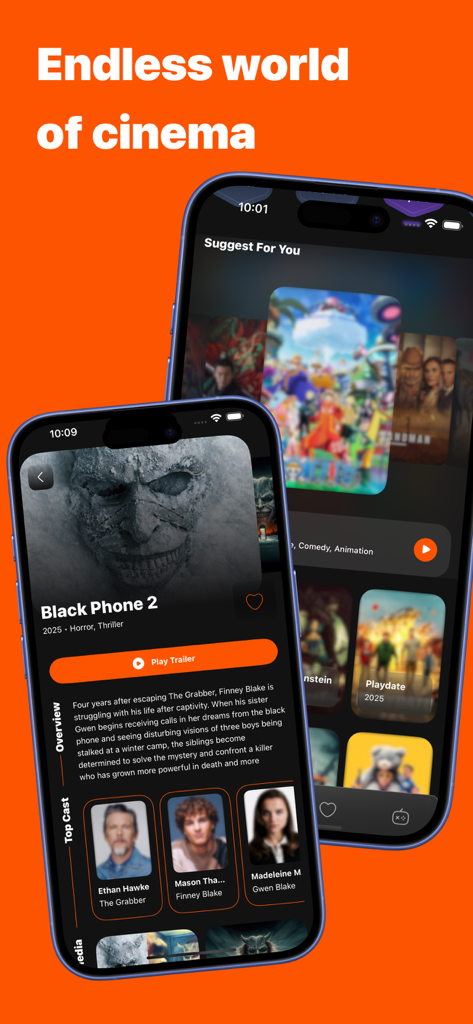 Cineby app interface featuring movie suggestions and detailed cast information for films.