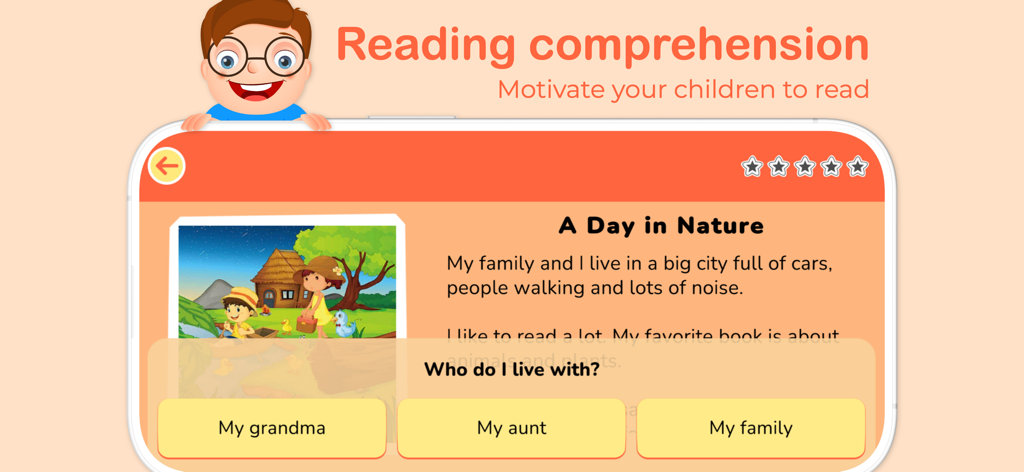 I Read: Reading Comprehension - Interface of the I Read app showing a short story called A Day in Nature followed by a reading comprehension question for kids