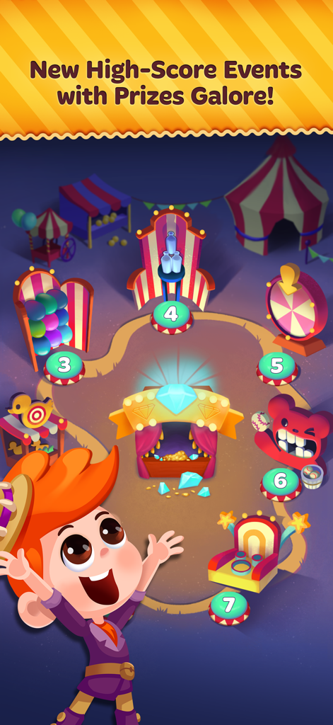 Candy Blast Mania screenshot showing a carnival themed level map and new high score events with prizes