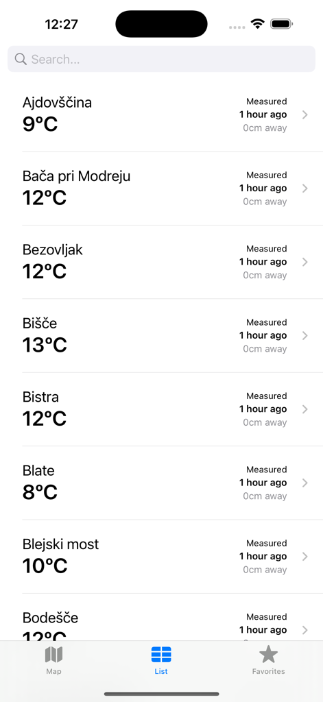 A list of water temperatures for various locations in Slovenia shown within the Swim mobile app