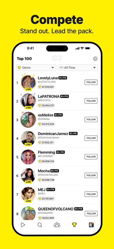 C2 Live app interface showing the Top 100 creator leaderboard with gem rankings and elite status badges