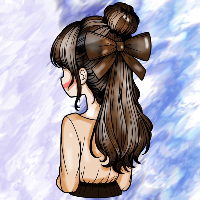 realistic girl  with hip length hair a bun and a big bow on the back of head