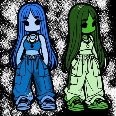 girl in baggy pants crop top and long hair