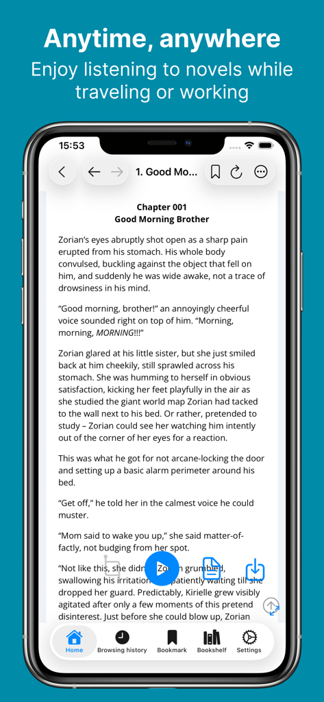NovelVoice - Novels read aloud - Tela de smartphone mostrando a interface do app NovelVoice com um capítulo de web novel e um botão de play para narração em áudio