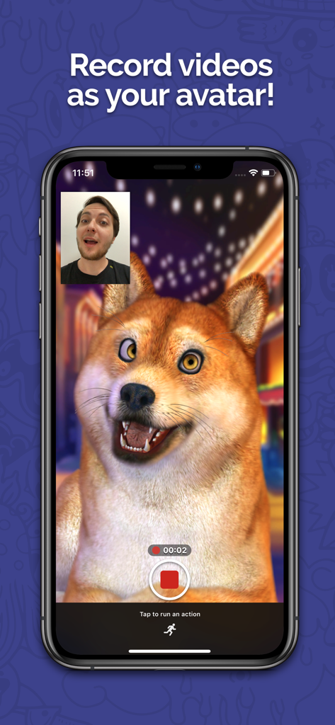 Una interfaz móvil que muestra a un usuario grabando un video con un avatar de Shiba Inu usando seguimiento facial en tiempo real.