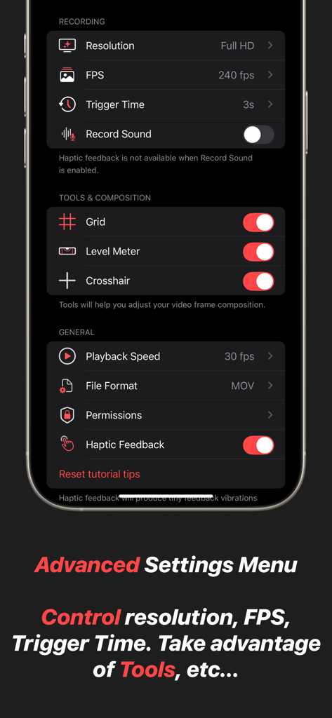 Slogger: Pro Slow Motion - A screenshot of the advanced settings menu in Slogger showing controls for resolution, FPS, trigger time, and composition tools like grid and level meter.