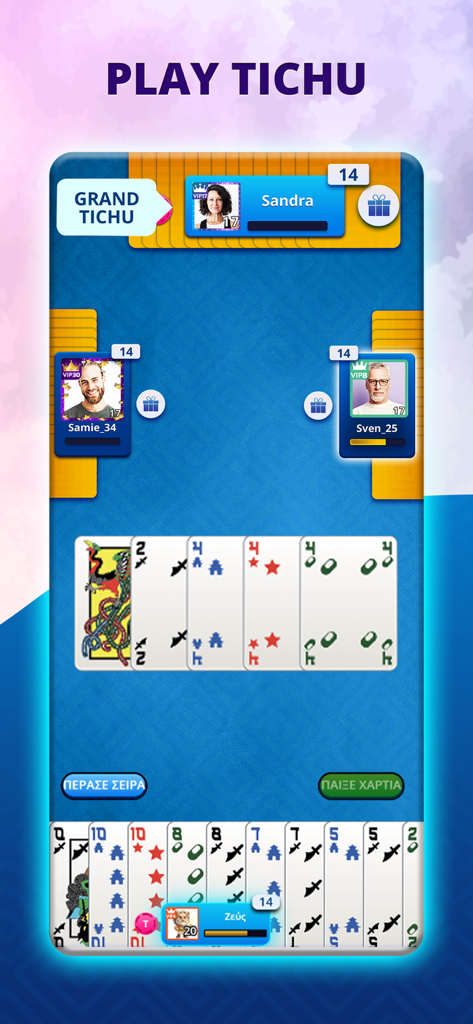 Opa.GR: Tavli, Tichu, Ludo - Screenshot der Handy-App einer Tichu-Kartenspiel-Partie für vier Spieler in Opa.GR