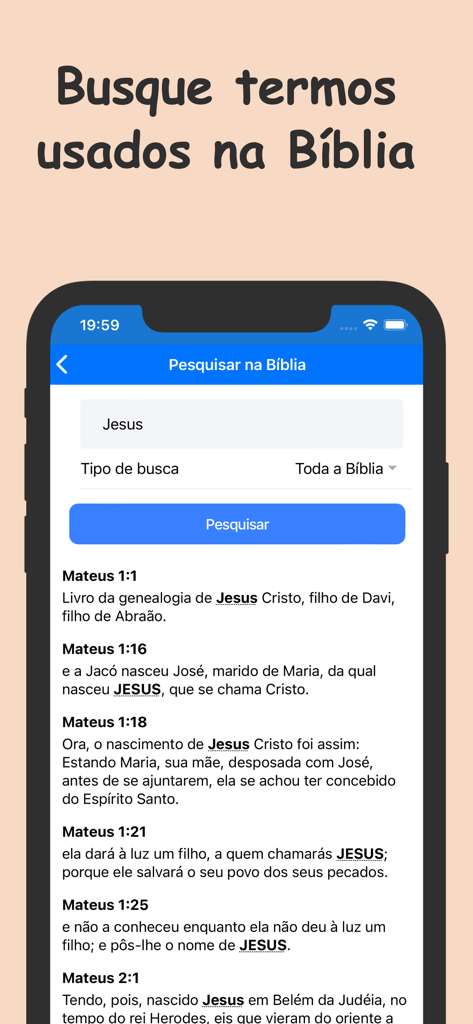 Bíblia Adventista: Meditação - Interface de pesquisa do aplicativo Bíblia Adventista mostrando resultados para Jesus em vários versículos