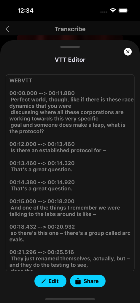 전사 시간 스탬프와 텍스트를 보여주는 모바일 VTT 편집기 인터페이스