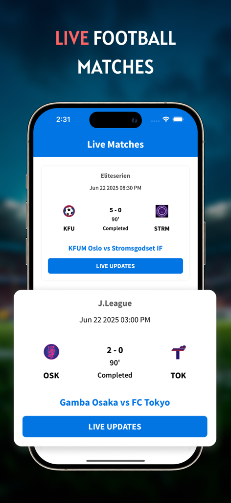 Live Football TV: Live Matches - Interface of a live football scores app showing match results and updates