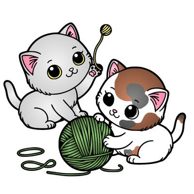 two kittens playing with a ball of yarn