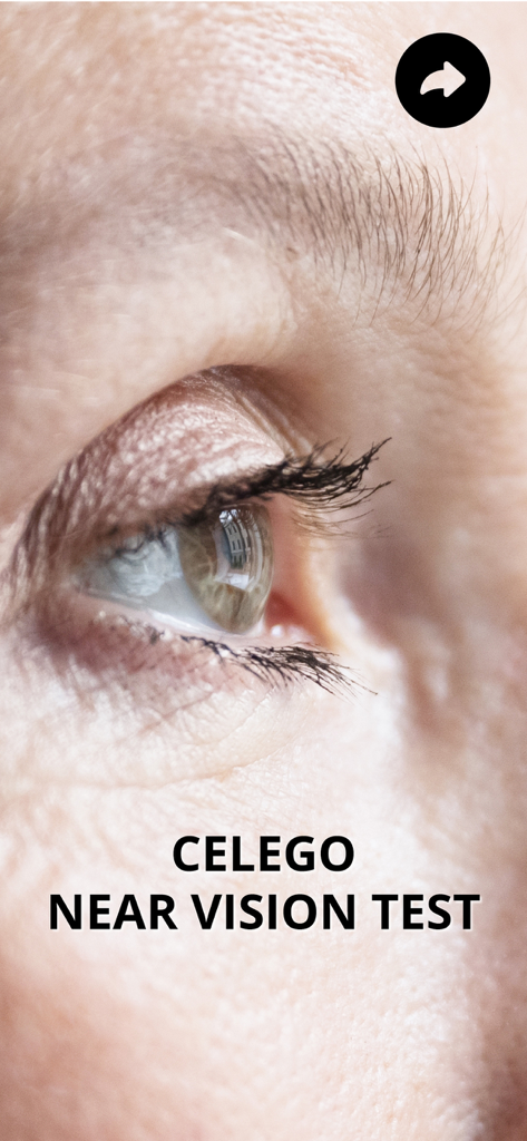 Celego Near Vision Test - Pantalla de introducción de la aplicación Prueba de Visión de Cerca Celego que muestra un primer plano de un ojo humano