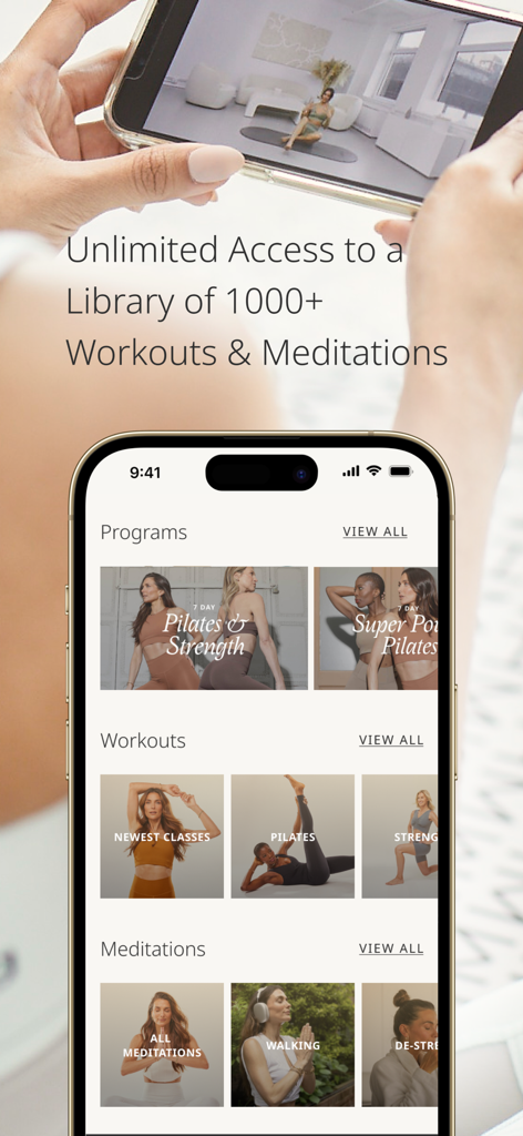 MWH app interface showing a library of pilates workouts and mindfulness meditations