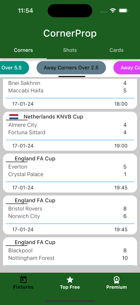 CornerProp- Team Corners Tips - CornerProp app display showing soccer match fixtures and corner kick statistics