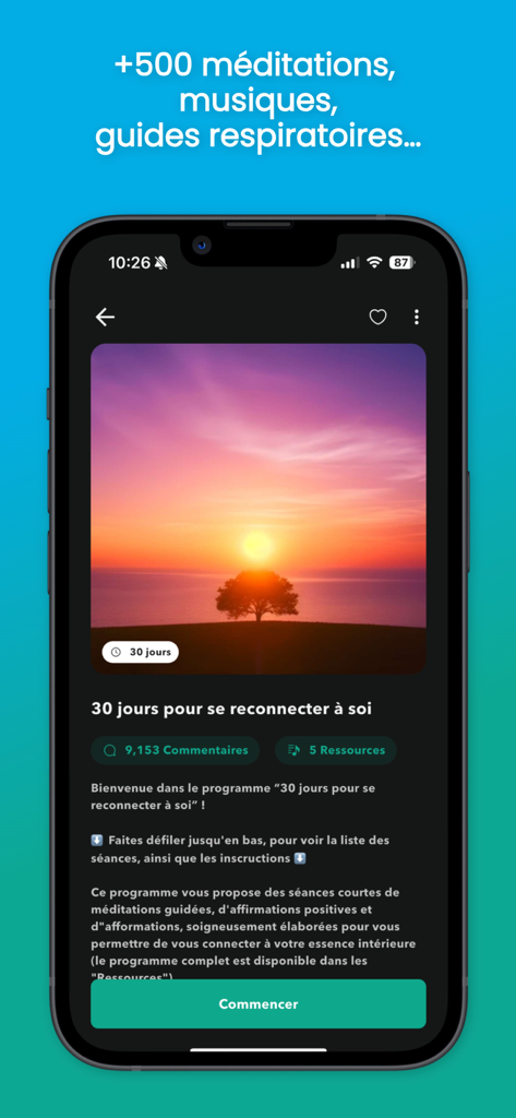 Gaia Meditation: Well-being - A screenshot of the Gaia Meditation app showing a 30 day program for spiritual reconnection with a sunset image.