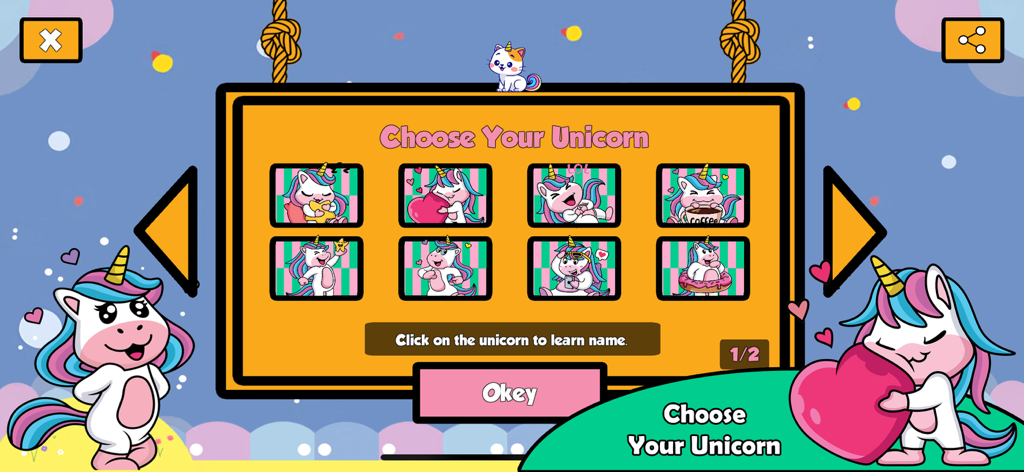 Unicorn Puzzle Game - Pantalla de interfaz titulada Elige Tu Unicornio que muestra varios avatares de unicornios de dibujos animados para la creación de perfiles