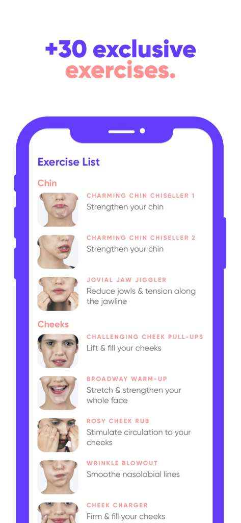 Face Exercises - A mobile screen showing a list of facial exercises for the chin and cheeks with descriptions and thumbnails