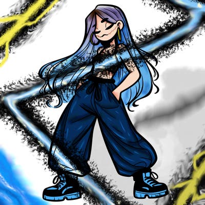 girl in baggy pants crop top and long hair