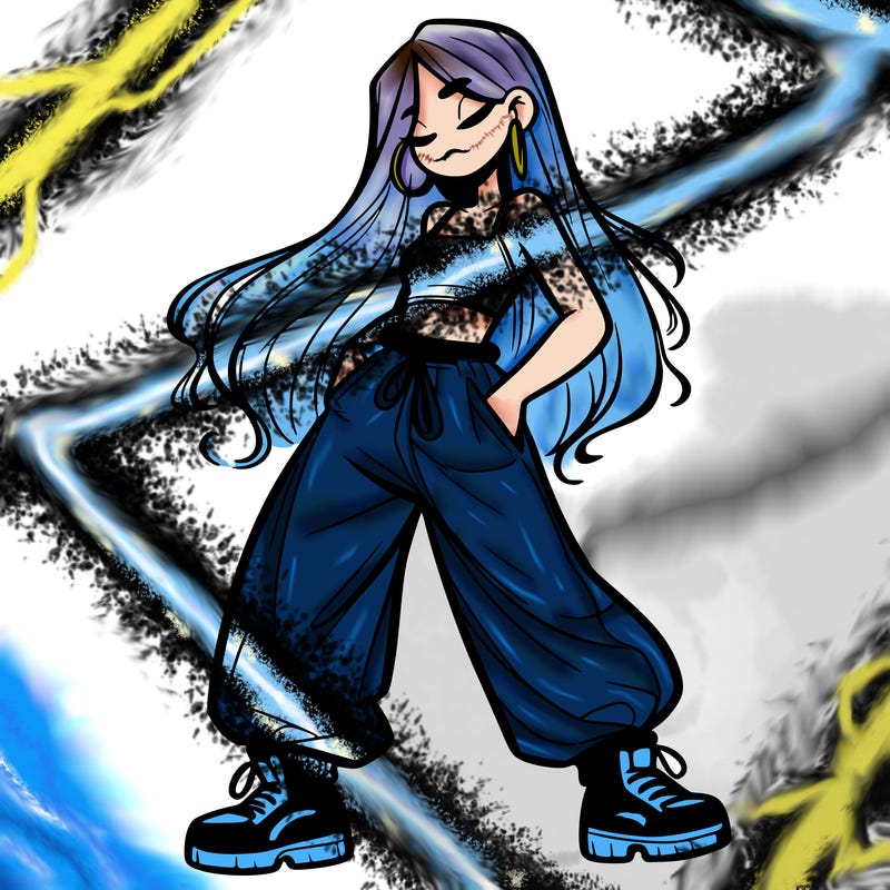 girl in baggy pants crop top and long hair