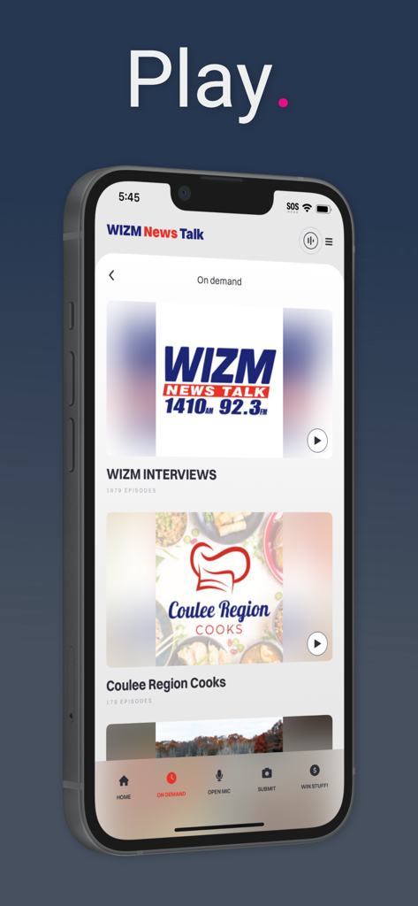 Aplicativo WIZM News Talk mostrando a seção sob demanda com programas locais como Coulee Region Cooks.