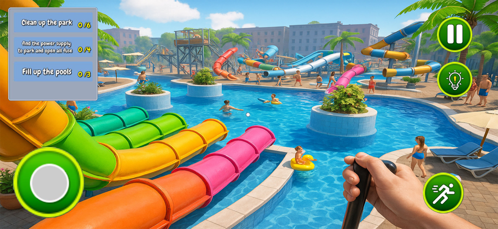 Awesome Water Fun Park Sim 3D - Captura de pantalla del juego de un simulador de parque acuático 3D con toboganes coloridos y objetivos de misión