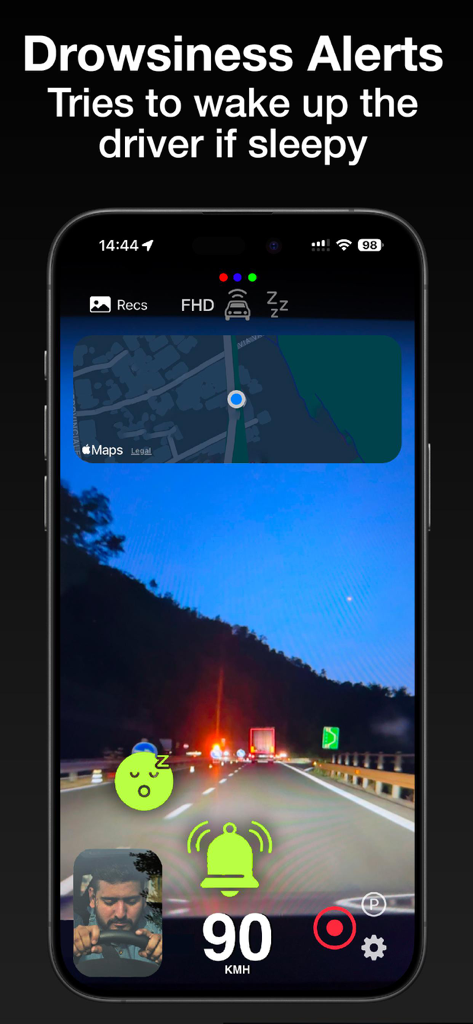 Dash Cam | Drive Guardian AI - Dash Cam app interface showing AI drowsiness alerts with a sleeping emoji and bell icon over a night driving view