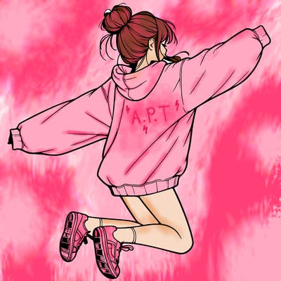 realistic girl jumping with a bun and oversized sweatshirt