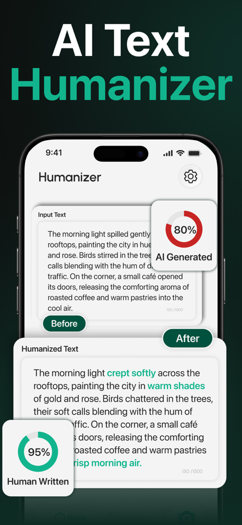 AI Detector : Text Humanizer - App interface showing a comparison between AI generated text and humanized text with detection scores