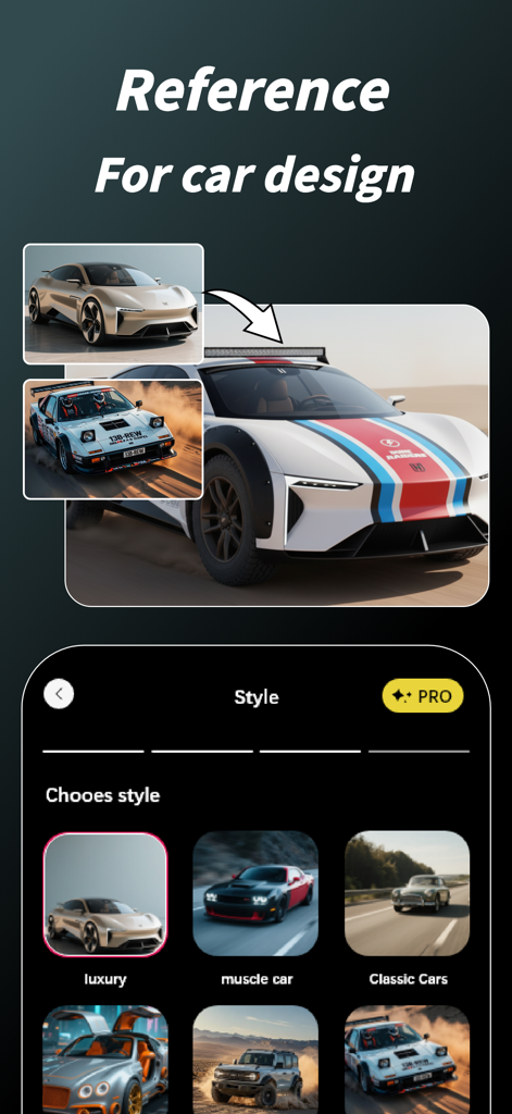 Pré-visualização da interface do aplicativo de modificação de carros com IA exibindo várias opções de estilo de carro, como carros de luxo e muscle cars