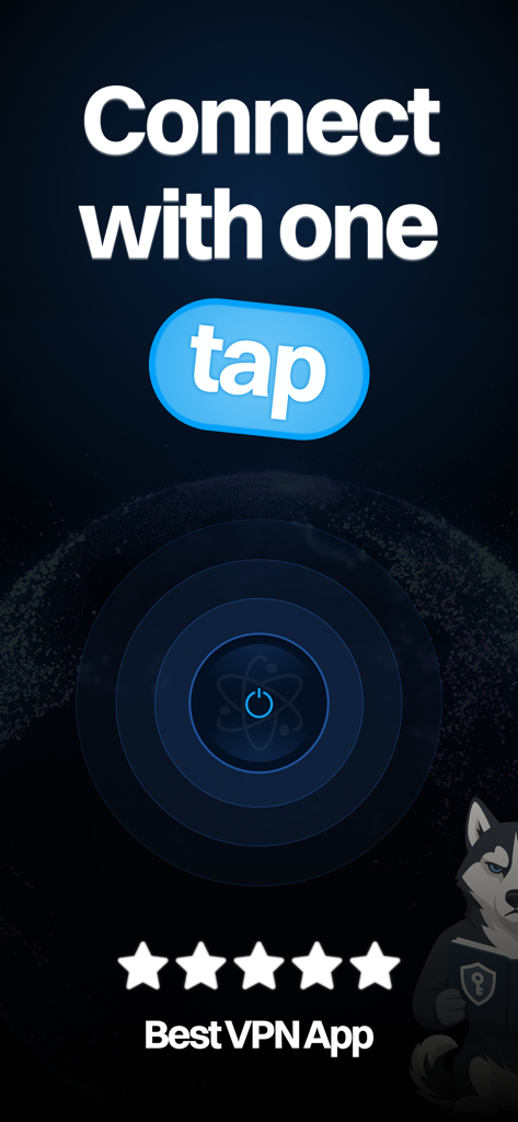 Husky VPN - Go Borderless - Husky VPN app interface showing the one tap connect feature with five star ratings and a husky mascot.
