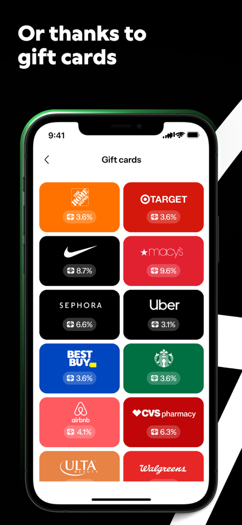 Joko | Cash back & discounts - Joko app interface showing gift card rewards for major brands like Nike Target and Sephora with instant cashback percentages