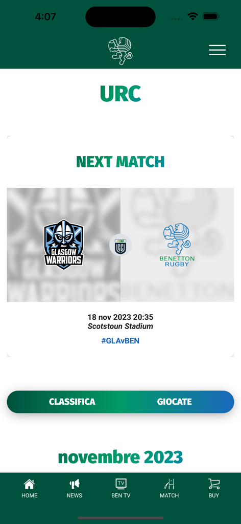 Benetton Rugby Official App - Benetton Rugby official app screen showing an upcoming match against Glasgow Warriors in the URC