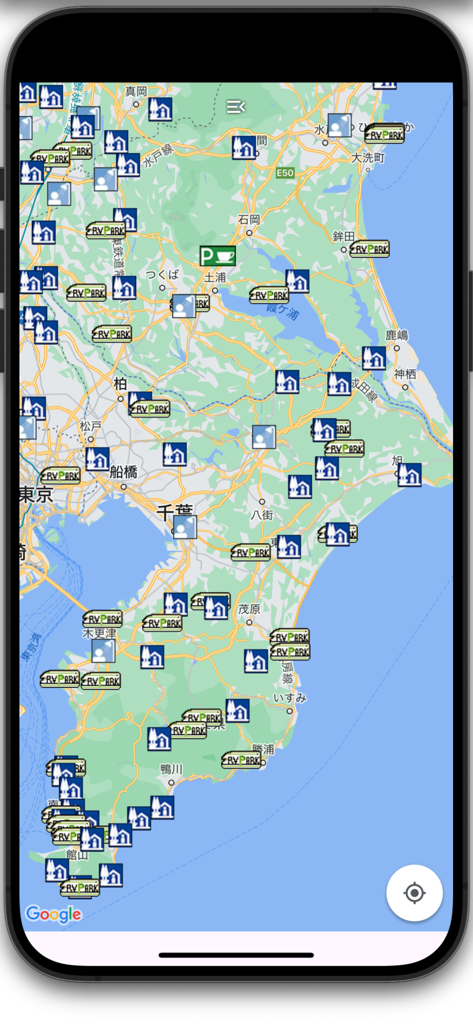 CarSleepingSpot - Map interface of the CarSleepingSpot app showing numerous icons for car camping spots, RV parks, and shower facilities.