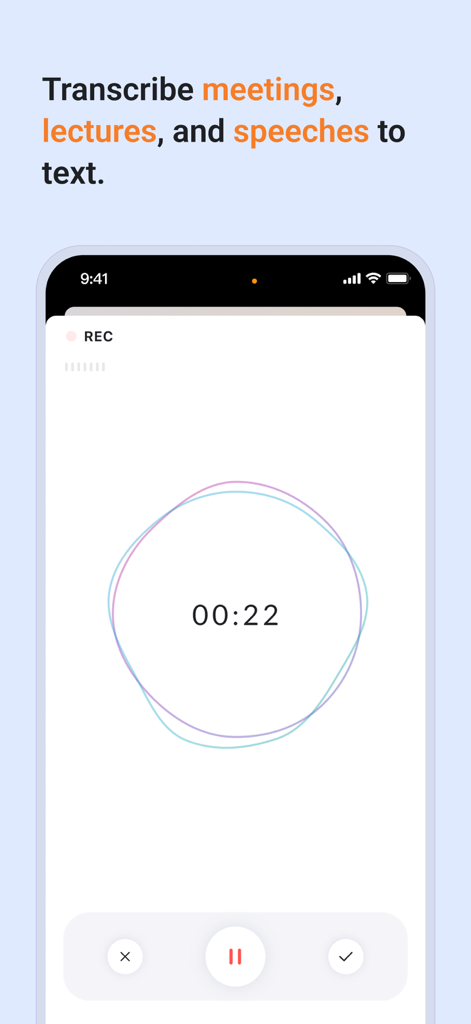 GitMind app screen showing the audio recording and transcription feature for meetings and lectures