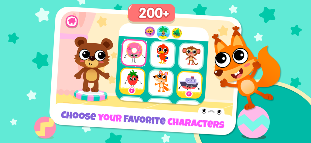 Character selection screen with over 200 cartoon characters in Mega World life games