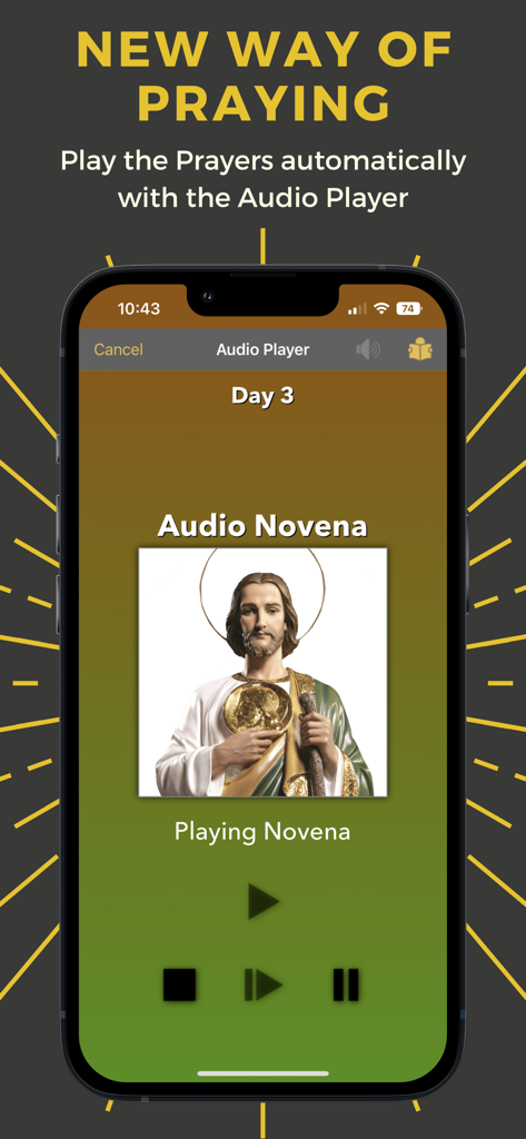 Mobile app screen showing the audio player interface for the Saint Jude Thaddeus Novena prayer