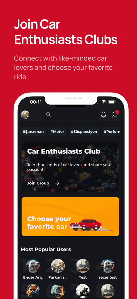 MyGarage Global : Cars & Bikes - MyGarageアプリのインターフェイス。自動車愛好家クラブと人気ユーザーが表示されています。